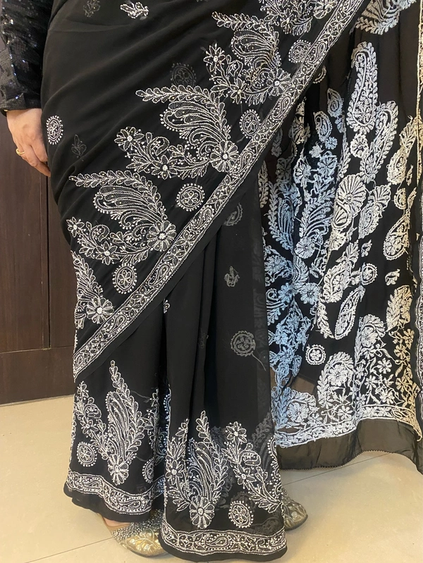 Black Chikankari Mukaish Embroidered Saree - Black