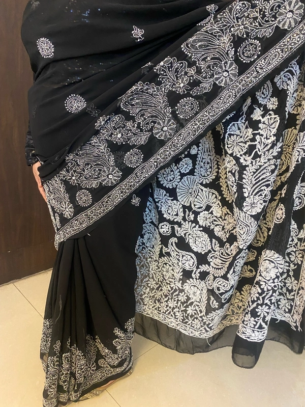 Black Chikankari Mukaish Embroidered Saree - Black