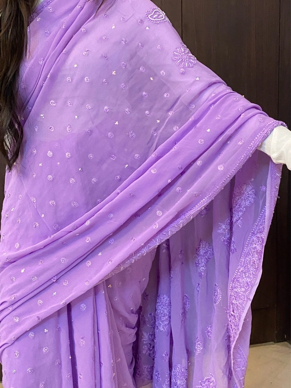 Lilac Chikankari Viscose Georgette Heavy Saree - Mauve