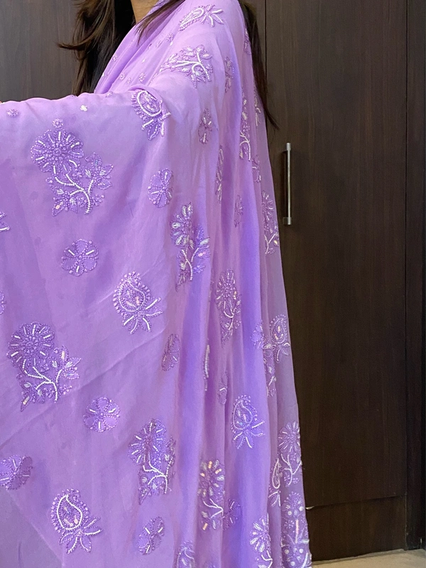 Lilac Chikankari Viscose Georgette Heavy Saree - Mauve