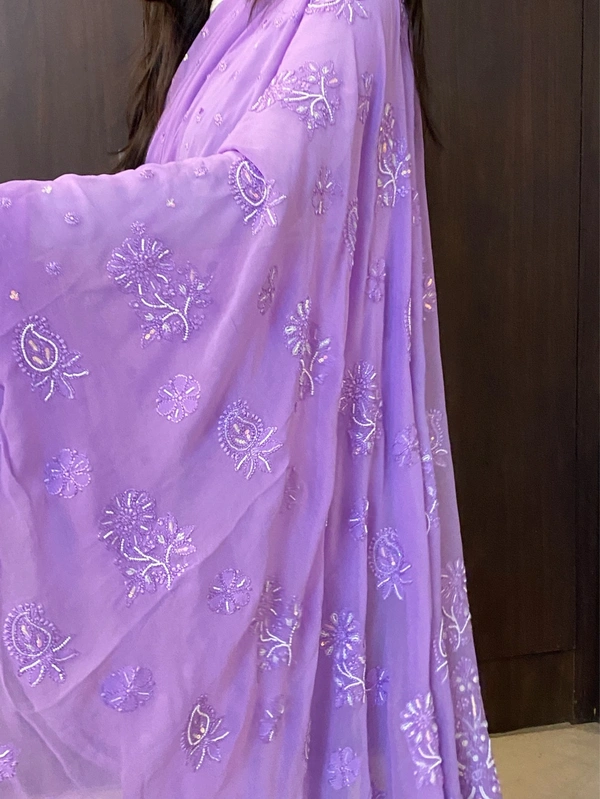 Lilac Chikankari Viscose Georgette Heavy Saree - Mauve