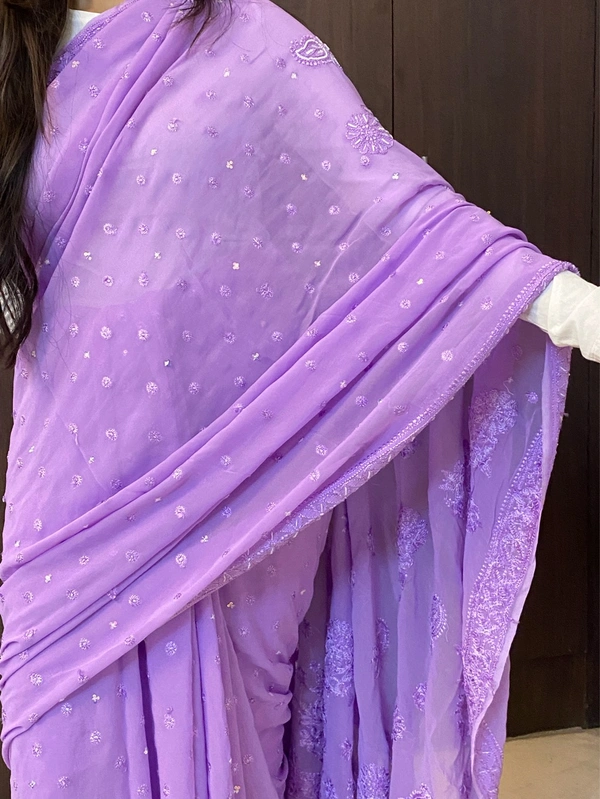 Lilac Chikankari Viscose Georgette Heavy Saree - Mauve