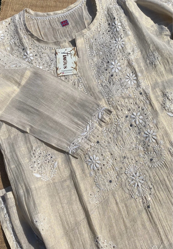 Mehek Chikankari Pure Tissue Straight Long Kurta - L(40), Tussar