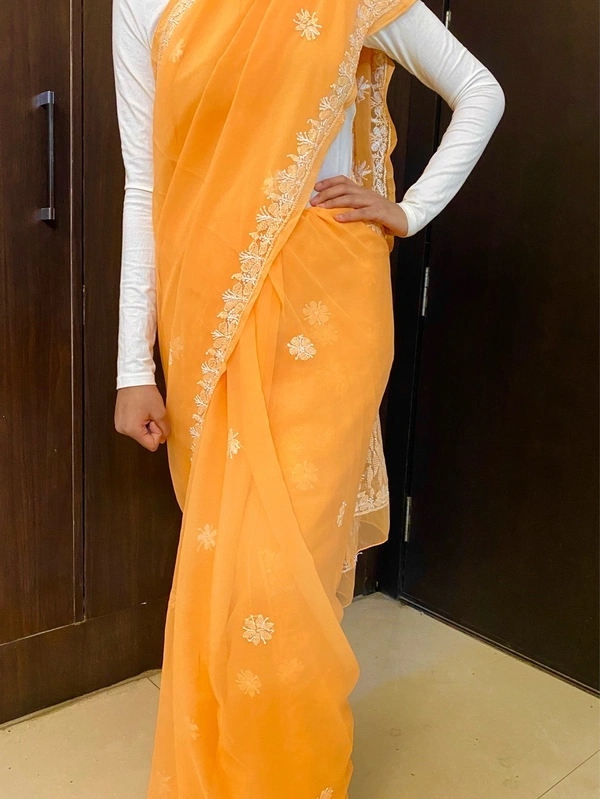 Light Orange Chikankari White Embroidered Saree - Light Orange