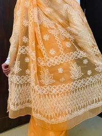 Light Orange Chikankari White Embroidered Saree - Light Orange