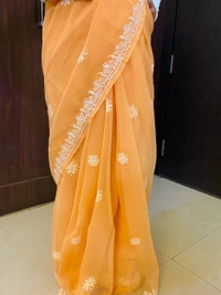 Light Orange Chikankari White Embroidered Saree - Light Orange