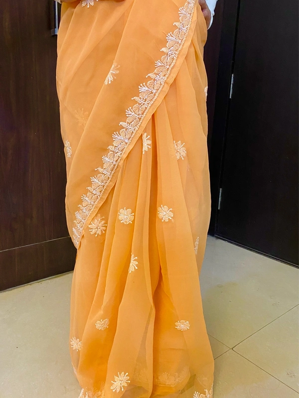 Light Orange Chikankari White Embroidered Saree - Light Orange