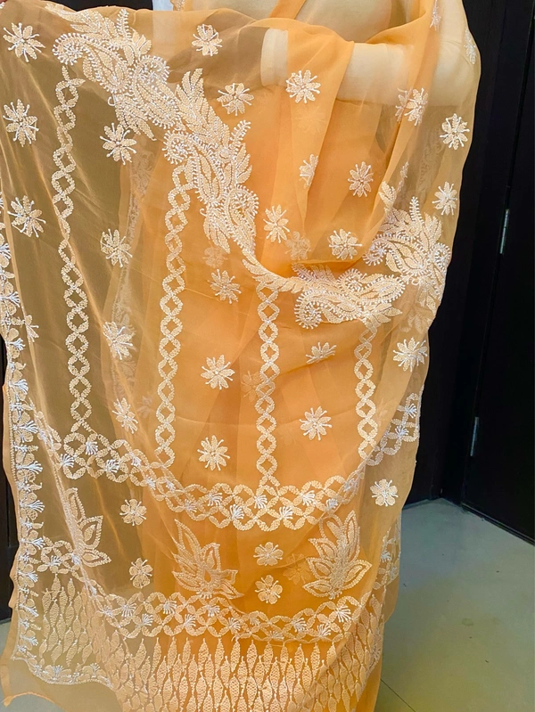 Light Orange Chikankari White Embroidered Saree - Light Orange