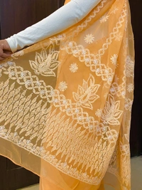 Light Orange Chikankari White Embroidered Saree - Light Orange