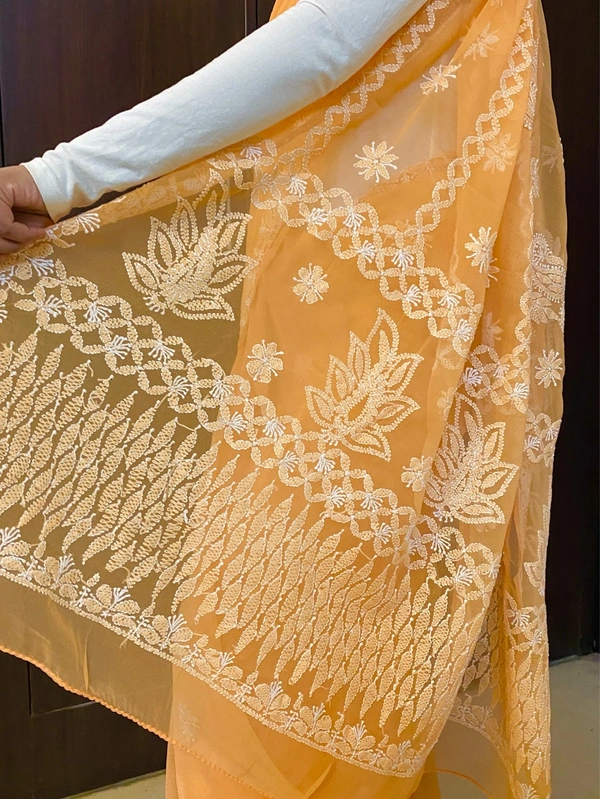 Light Orange Chikankari White Embroidered Saree - Light Orange