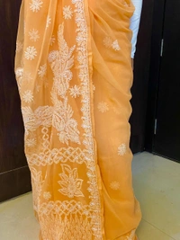 Light Orange Chikankari White Embroidered Saree - Light Orange