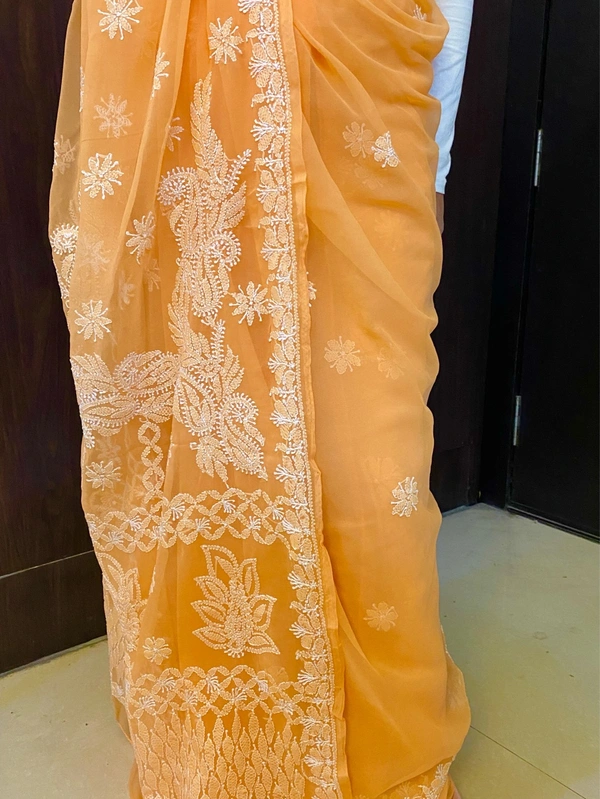 Light Orange Chikankari White Embroidered Saree - Light Orange