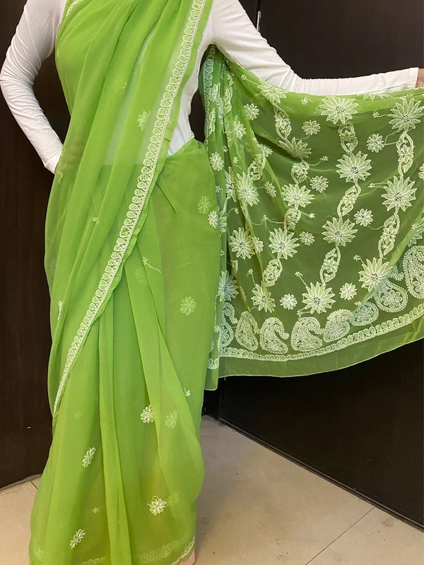 Green Chikankari White Embroidered Saree - Green