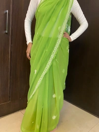 Green Chikankari White Embroidered Saree - Green