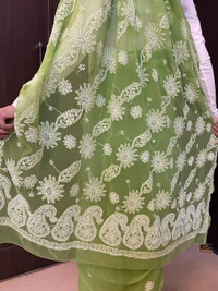 Green Chikankari White Embroidered Saree - Green