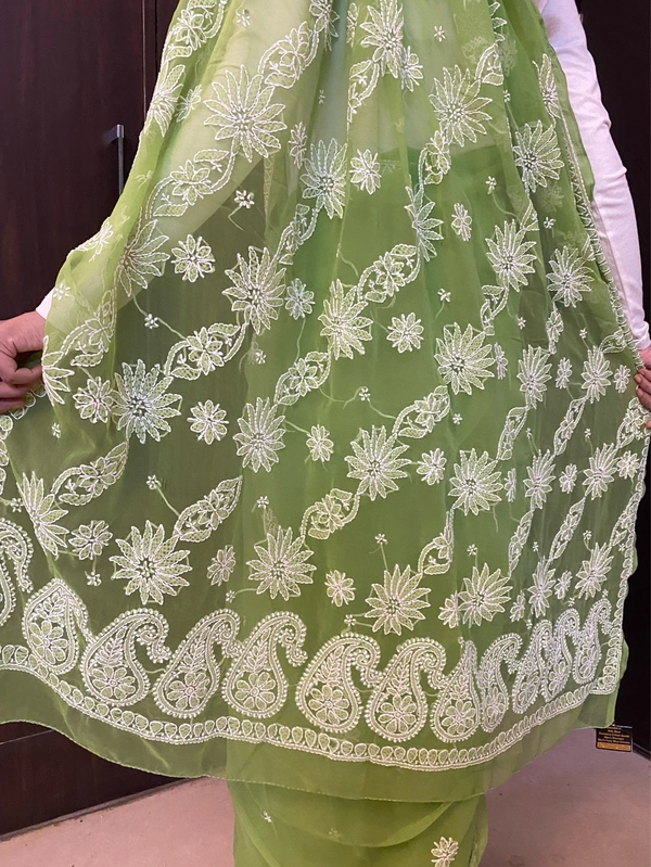 Green Chikankari White Embroidered Saree - Green