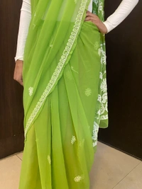 Green Chikankari White Embroidered Saree - Green
