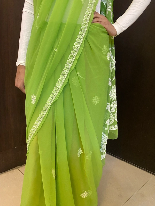 Green Chikankari White Embroidered Saree - Green
