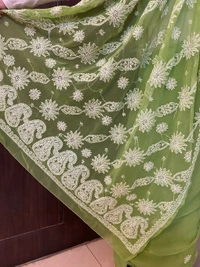 Green Chikankari White Embroidered Saree - Green