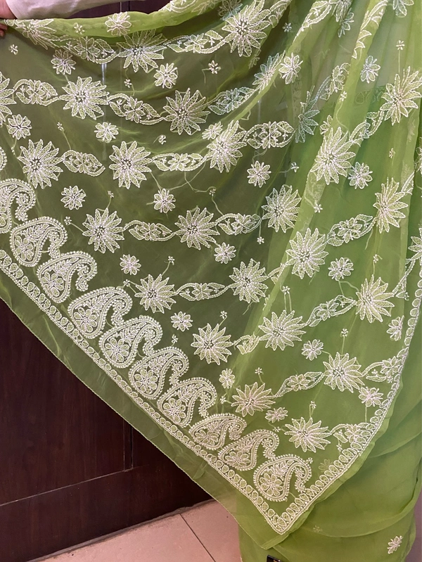 Green Chikankari White Embroidered Saree - Green