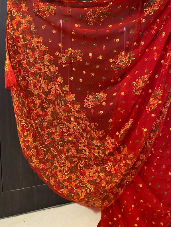 Red Multi Embroidered Chikankari Saree Full Kangan Work - Red