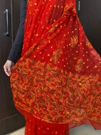 Red Multi Embroidered Chikankari Saree Full Kangan Work - Red