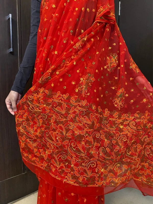 Red Multi Embroidered Chikankari Saree Full Kangan Work - Red
