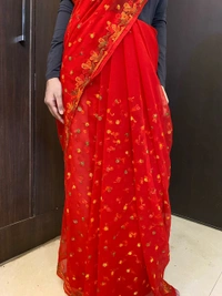 Red Multi Embroidered Chikankari Saree Full Kangan Work - Red