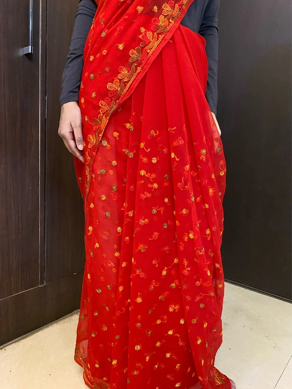 Red Multi Embroidered Chikankari Saree Full Kangan Work - Red
