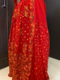 Red Multi Embroidered Chikankari Saree Full Kangan Work - Red