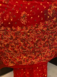 Red Multi Embroidered Chikankari Saree Full Kangan Work - Red