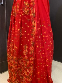 Red Multi Embroidered Chikankari Saree Full Kangan Work - Red