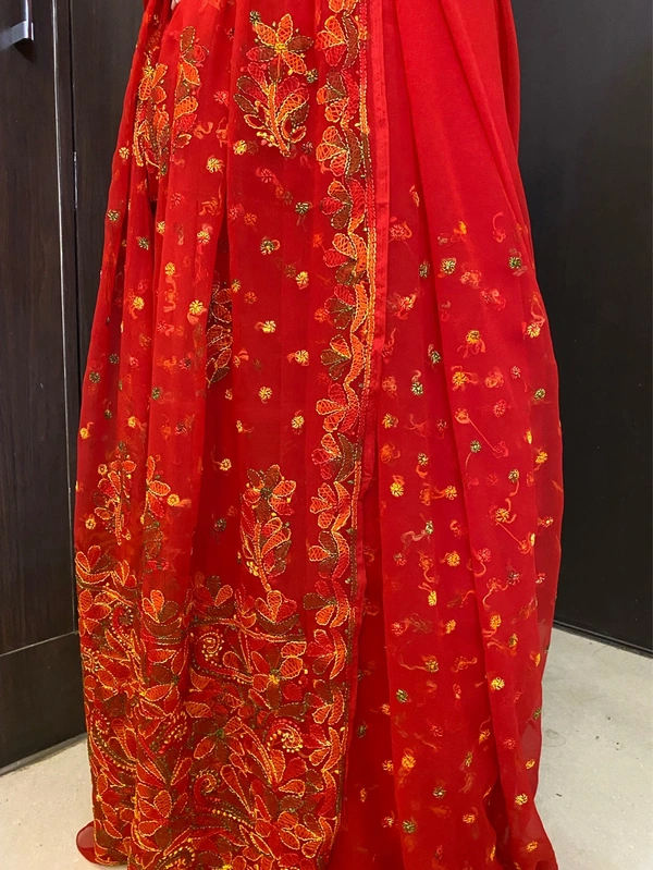 Red Multi Embroidered Chikankari Saree Full Kangan Work - Red