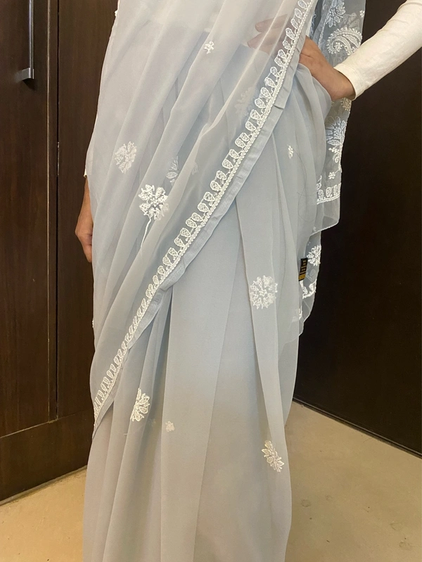 Light Grey Chikankari White Embroidered Saree - Grey