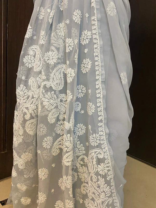 Light Grey Chikankari White Embroidered Saree - Grey