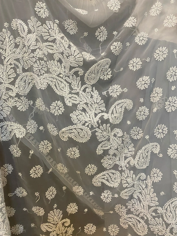 Light Grey Chikankari White Embroidered Saree - Grey