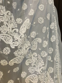 Light Grey Chikankari White Embroidered Saree - Grey