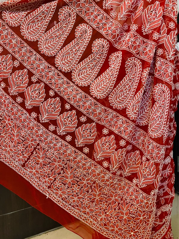 Red Chikankari Full Jaalwork Georgette Saree - Red