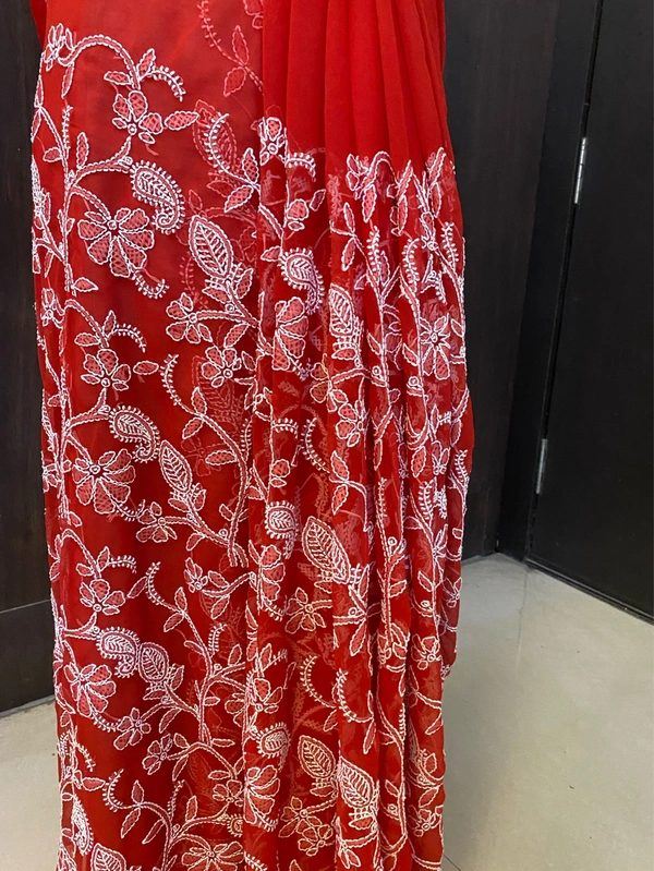Red Chikankari Full Jaalwork Georgette Saree - Red