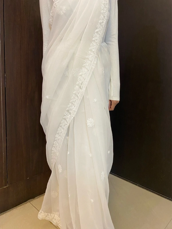 White Chikankari White Embroidered Saree - white