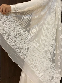 White Chikankari White Embroidered Saree - white