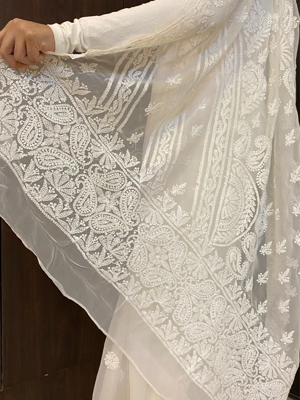 White Chikankari White Embroidered Saree - white