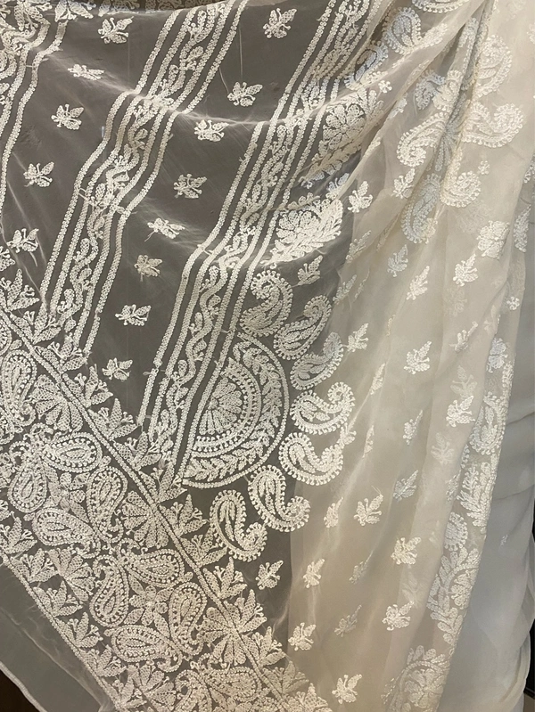 White Chikankari White Embroidered Saree - white