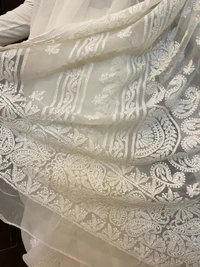 White Chikankari White Embroidered Saree - white