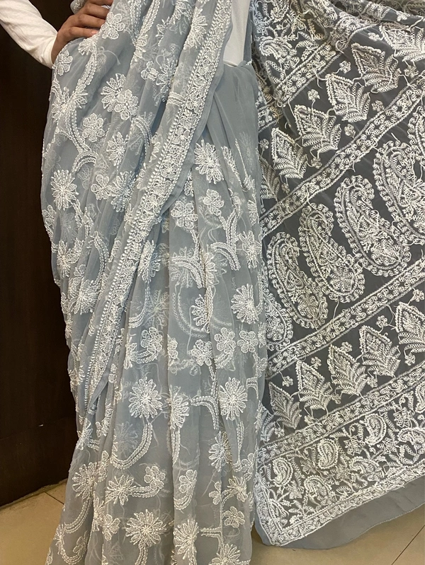 Grey Chikankari Full Jaalwork Georgette Saree - Grey