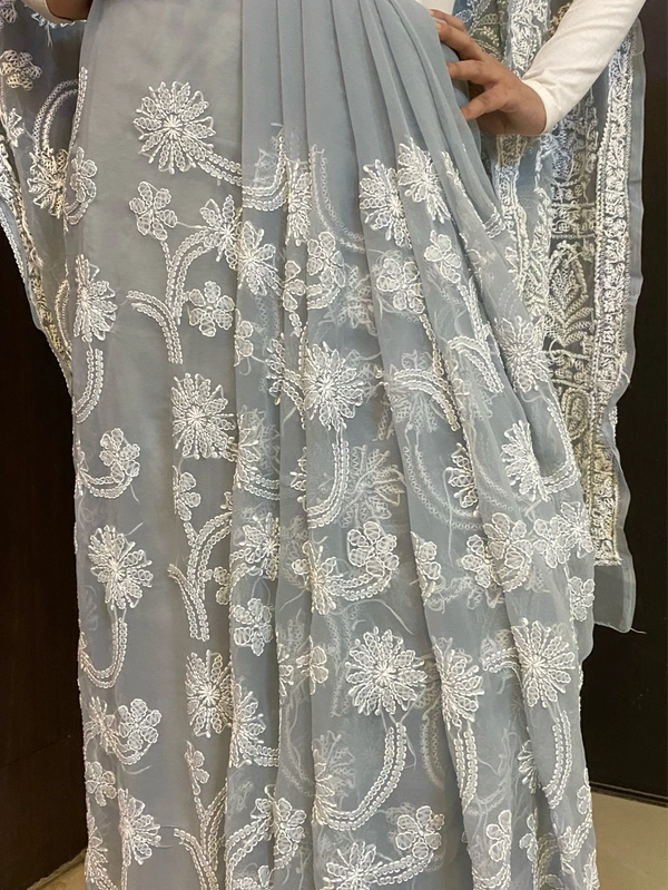 Grey Chikankari Full Jaalwork Georgette Saree - Grey