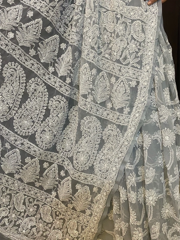 Grey Chikankari Full Jaalwork Georgette Saree - Grey