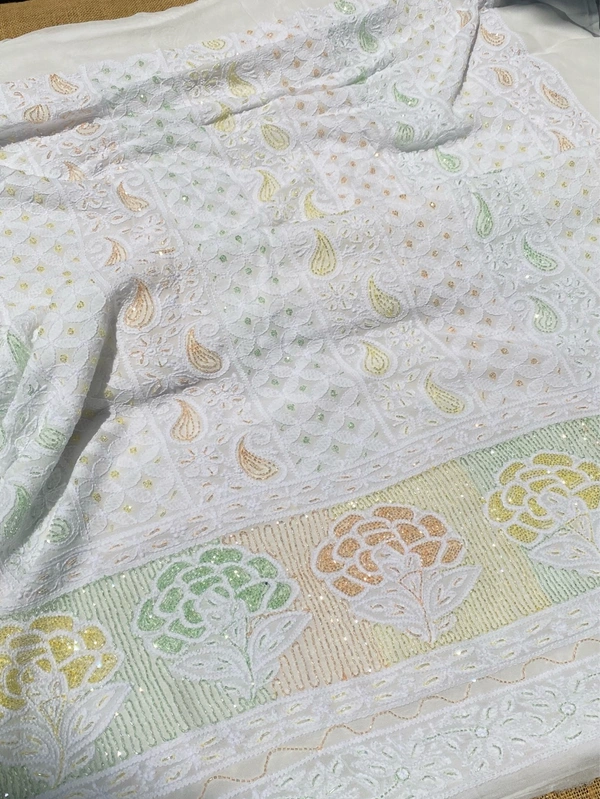 White Chikankari Multi Zardozi Unstiched Dress