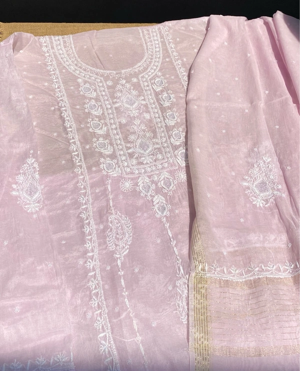 Soft Pastels Mul Chanderi Unstiched Kurta Dupatta - Powder Rose Pink