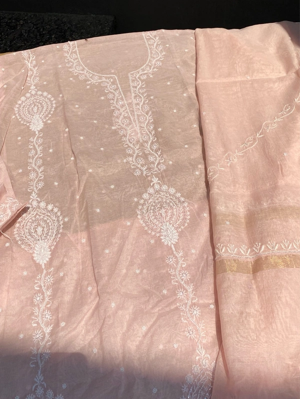 Soft Pastels Mul Chanderi Unstiched Kurta Dupatta - Soft Peach Blush